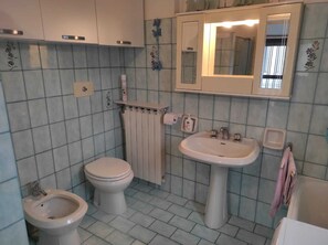 Une salle de bain équipée de toilettes, d’un bidet, d’un lavabo et d’un miroir.