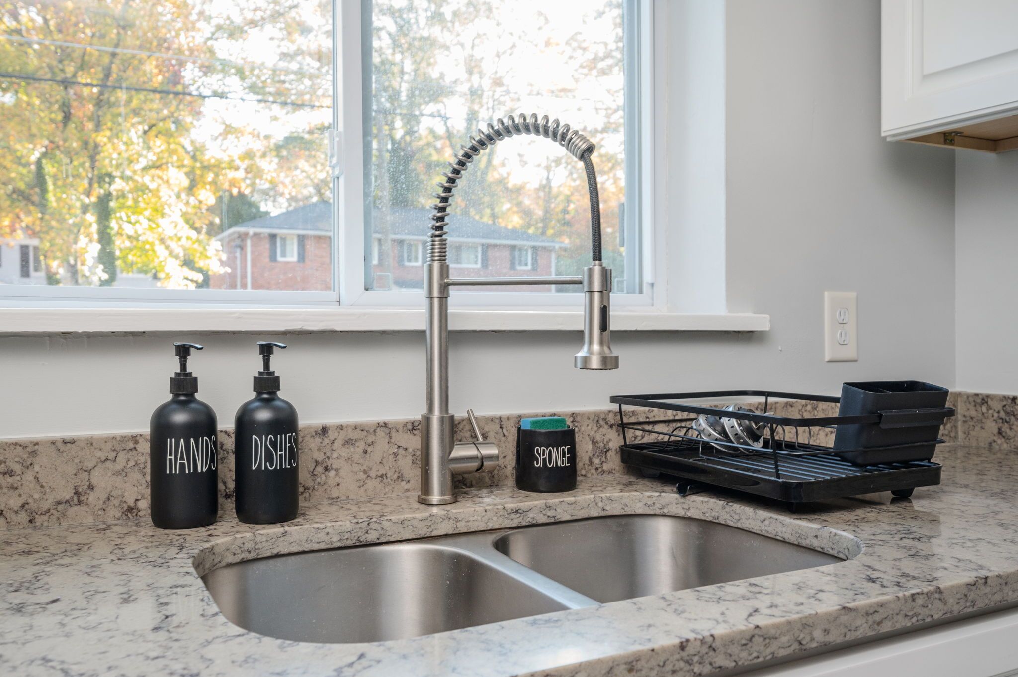 A kitchen with a double sink, two soap dispensers labeled 'HANDS' and 'DISHES', a sponge holder, and a dish rack.