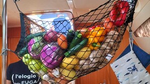 A kitchen area with a hanging net filled with vegetables. - Sailing between the Sporades Islands (Sciato)