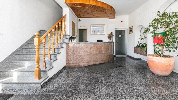 Zona de recepción con techo de madera curvo, un mostrador de recepción, una escalera con barandilla de madera y una planta grande en maceta.