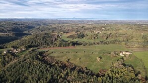 Eine Vogelperspektive auf eine ländliche Landschaft mit verstreuten Häusern, dichten Wäldern und sanften Hügeln.