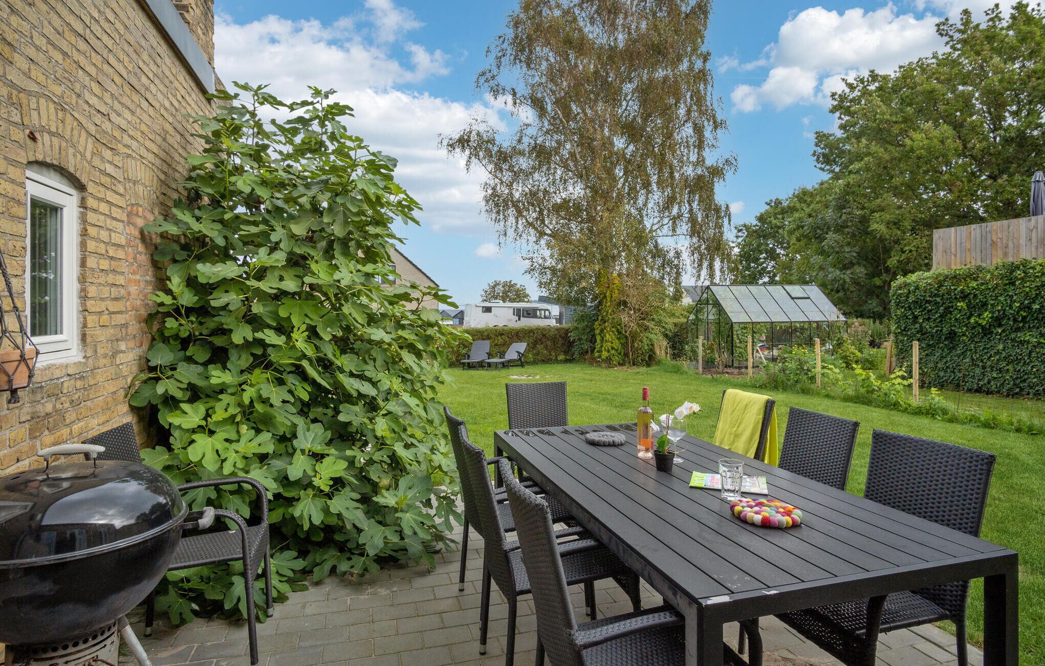 Une terrasse avec une table et des chaises, un barbecue et une grande plante à feuillage abondant.