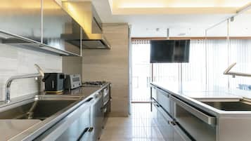 Deluxe Apartment | Private kitchen | Fridge, microwave, cookware/dishes/utensils, freezer