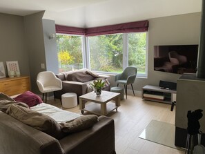 Fernseher, Kamin, Bücher, Stereoanlage