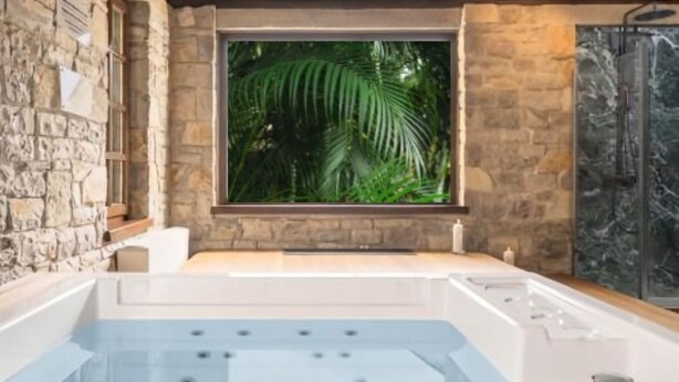 Ein Spa-Raum mit Steinwand, großem Fenster und Blick auf eine tropische Landschaft sowie einer gläsernen Duschkabine.