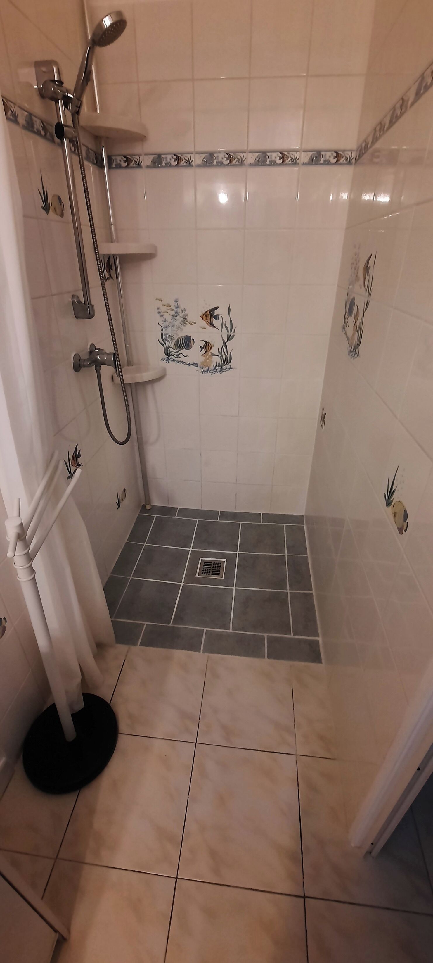 A shower area with a tiled floor, a showerhead, and a handheld shower attachment.