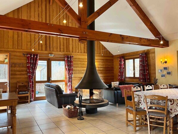 TV, fireplace, books