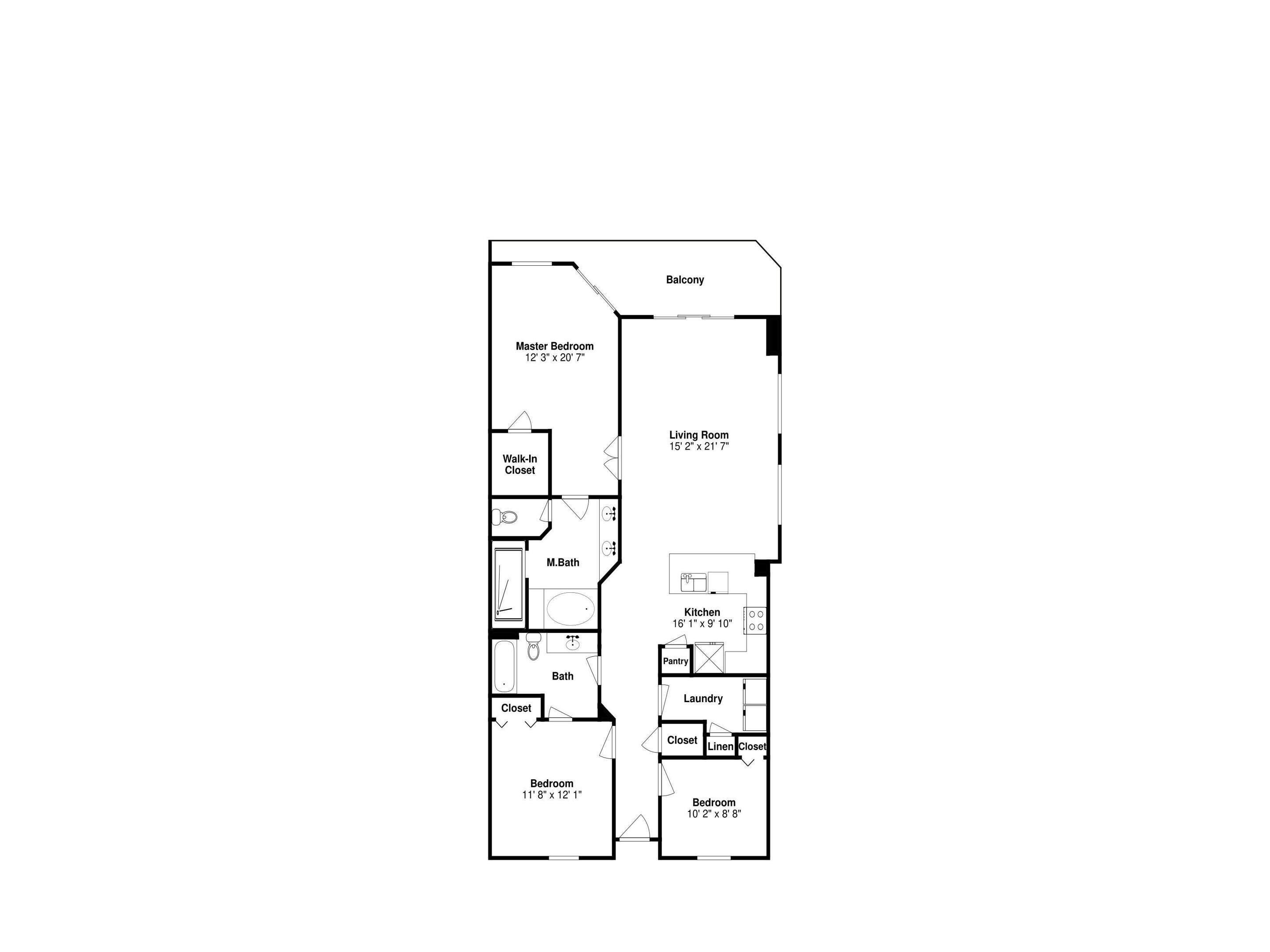 Plano de planta de un apartamento tipo estudio con un dormitorio principal, sala de estar, cocina y baño.