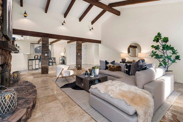 TV, fireplace, foosball, offices