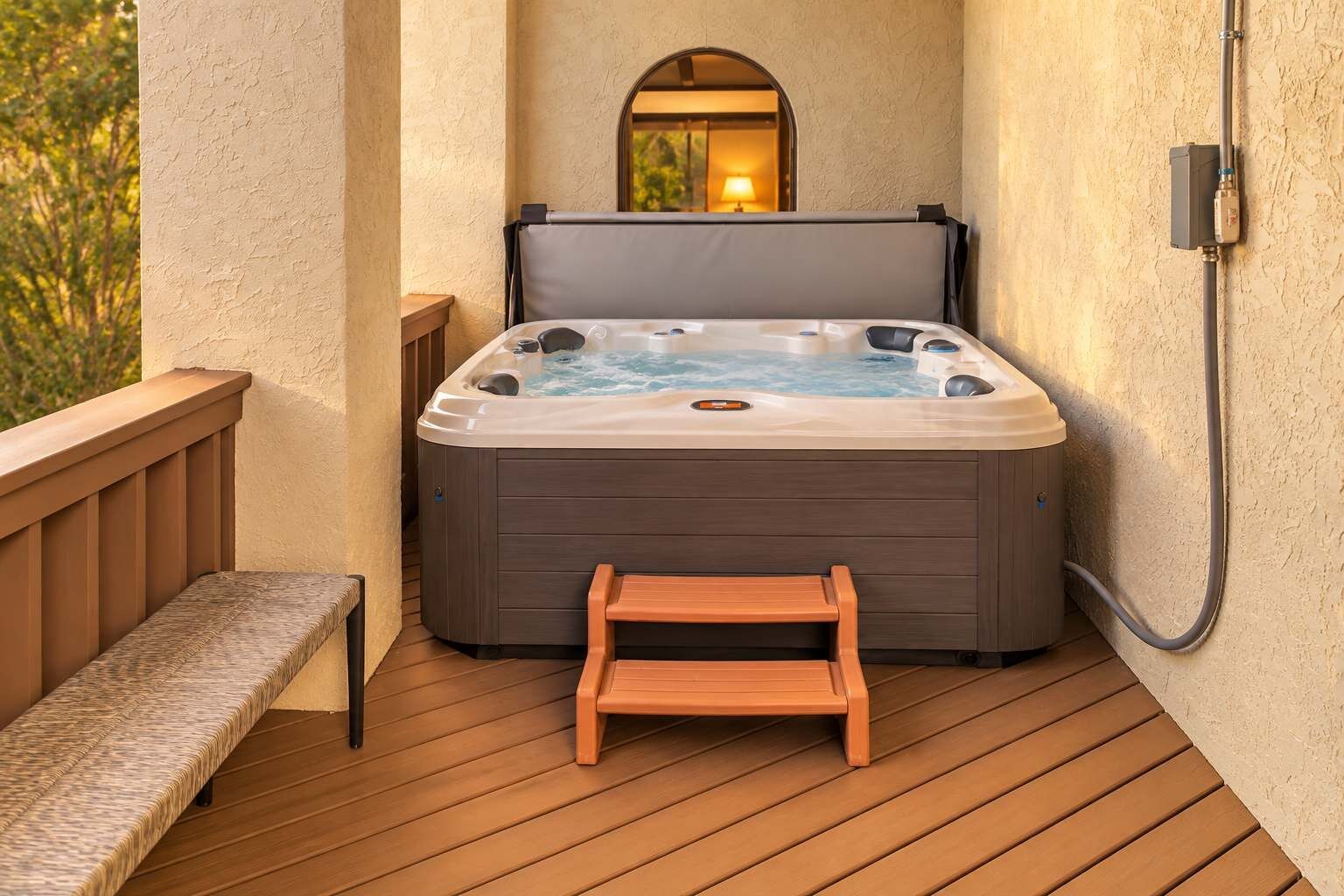 Soak sore hiking legs in our tucked-away hot tub while the jets do the work.