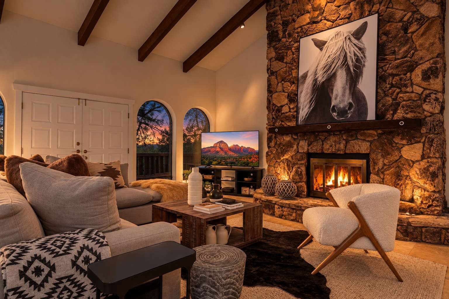 A cozy living room with a stone fireplace, a mounted television, and comfortable seating.