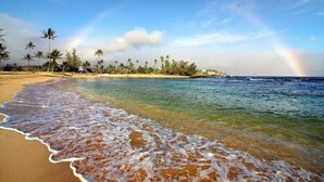A beach with clear water, palm trees, and a rainbow. - Hula House: Luxury Villa w/ Superb Views/Amenities (Koloa)