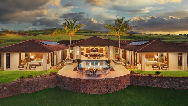 A luxurious villa with a central pool, multiple bedrooms, and a well-maintained lawn. - Hula House: Luxury Villa w/ Superb Views/Amenities (Koloa)