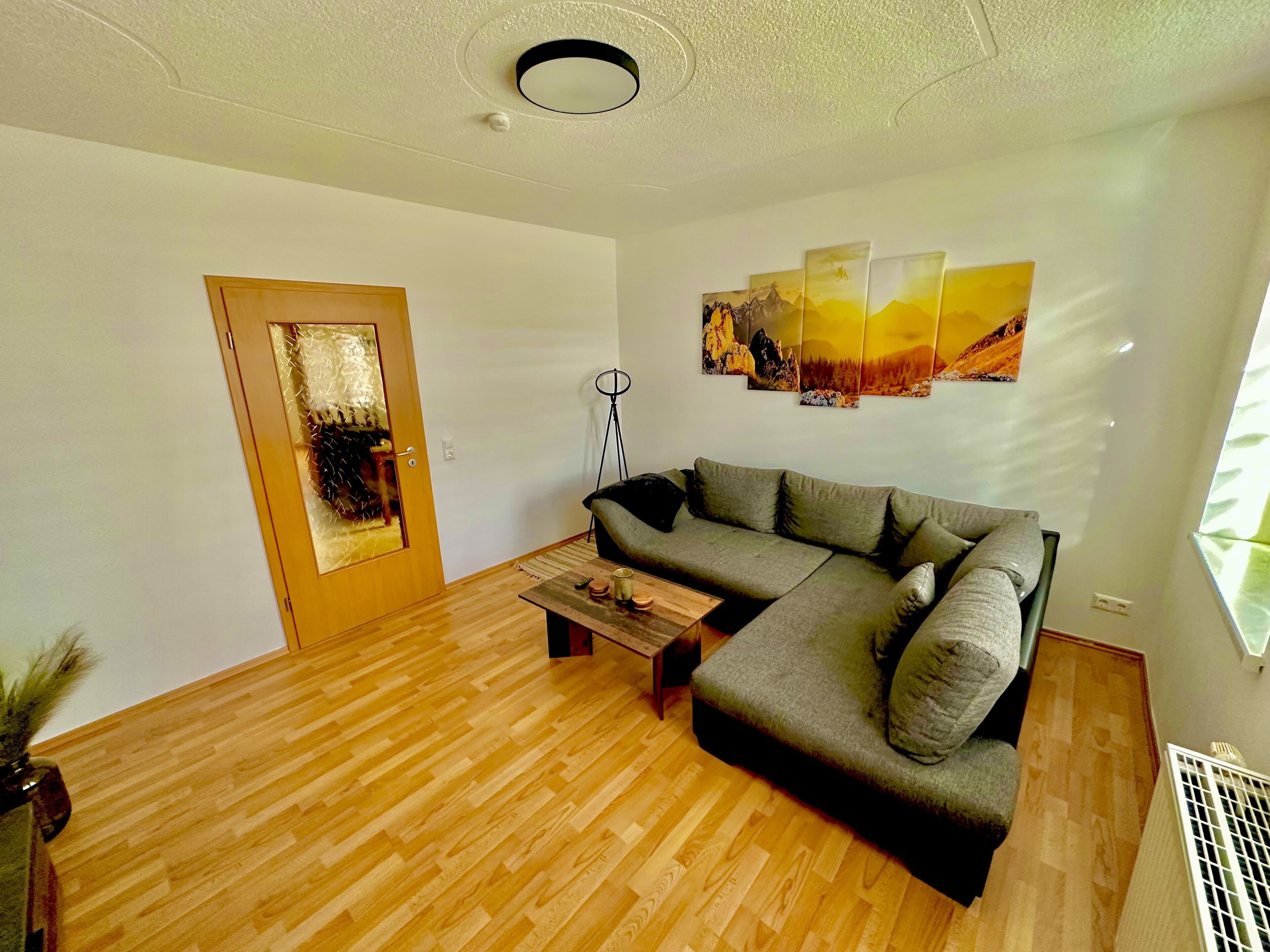 A living room with a wooden floor, a grey sofa, a coffee table, and a door with a frosted glass panel.