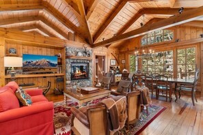 TV, fireplace, books, offices