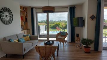 Smart TV, fireplace, books