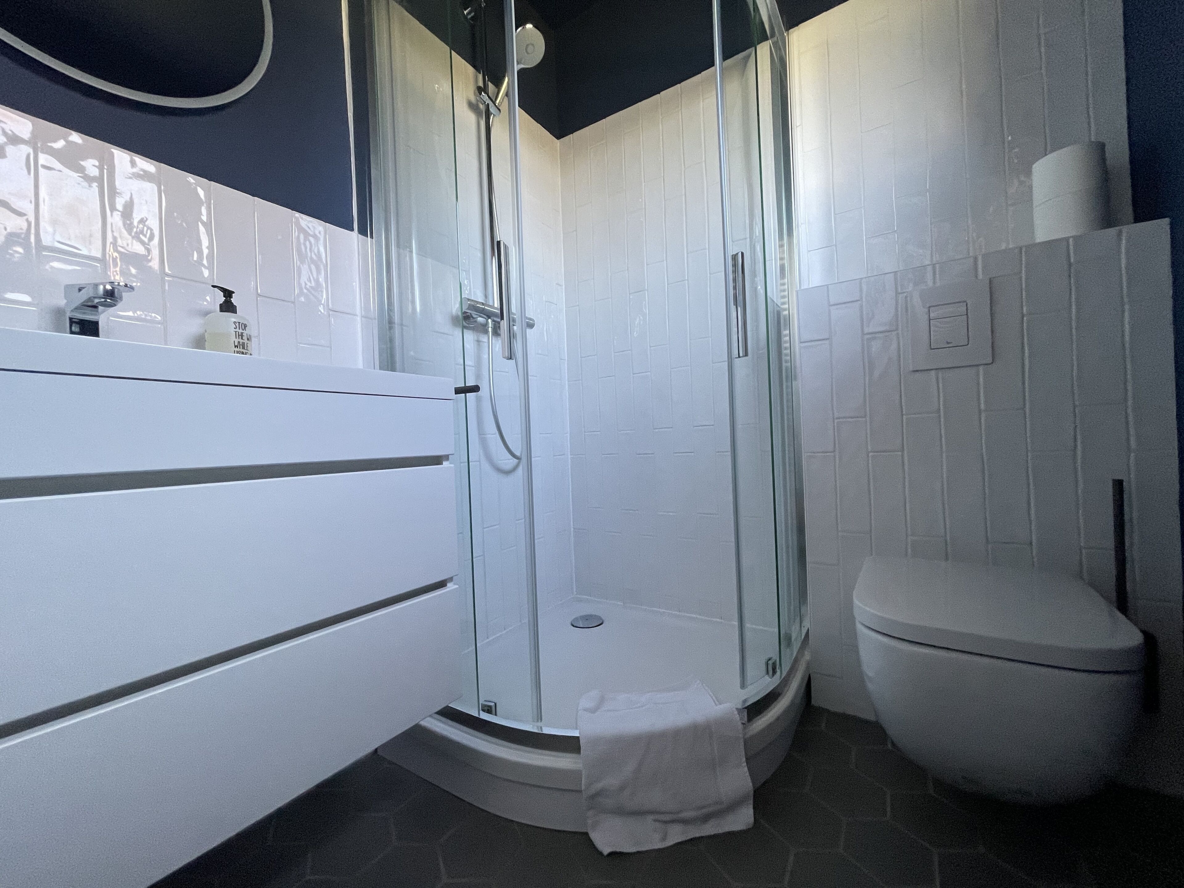 Dusche, Haartrockner, Handtücher, Seife