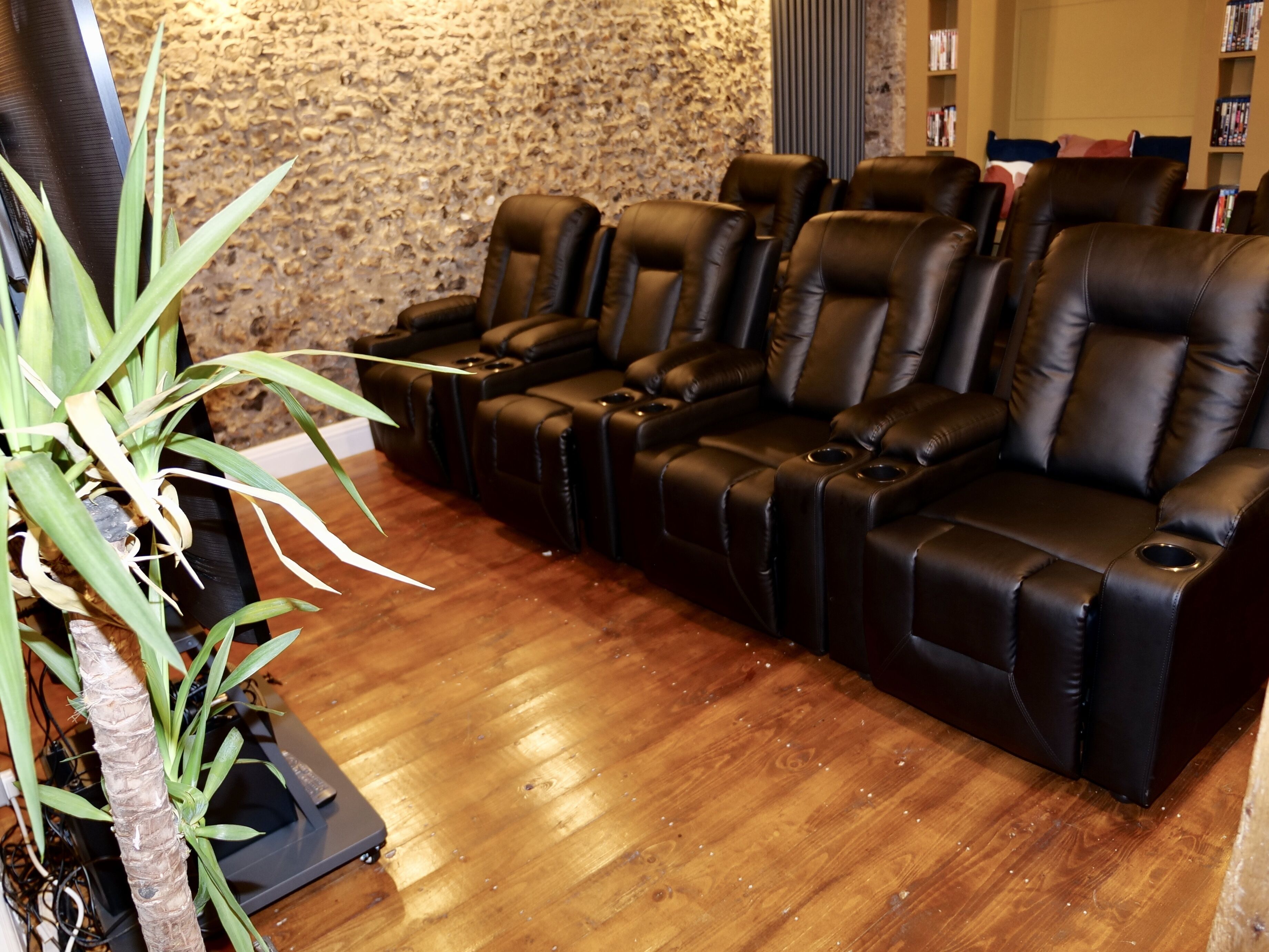 A room with a wooden floor, a black leather sofa, and a plant.