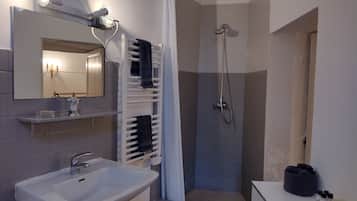 Shower, hair dryer, bidet, towels