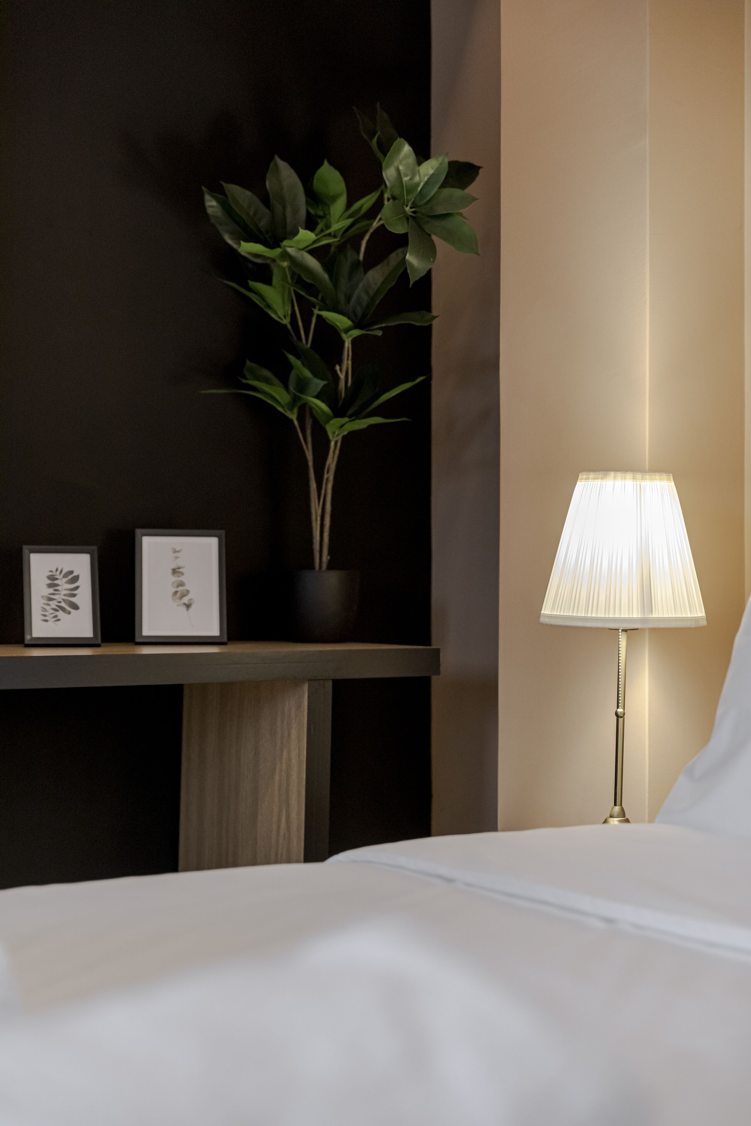 A neatly made bed with white linens, a bedside lamp, a potted plant, and two framed pictures on a shelf.
