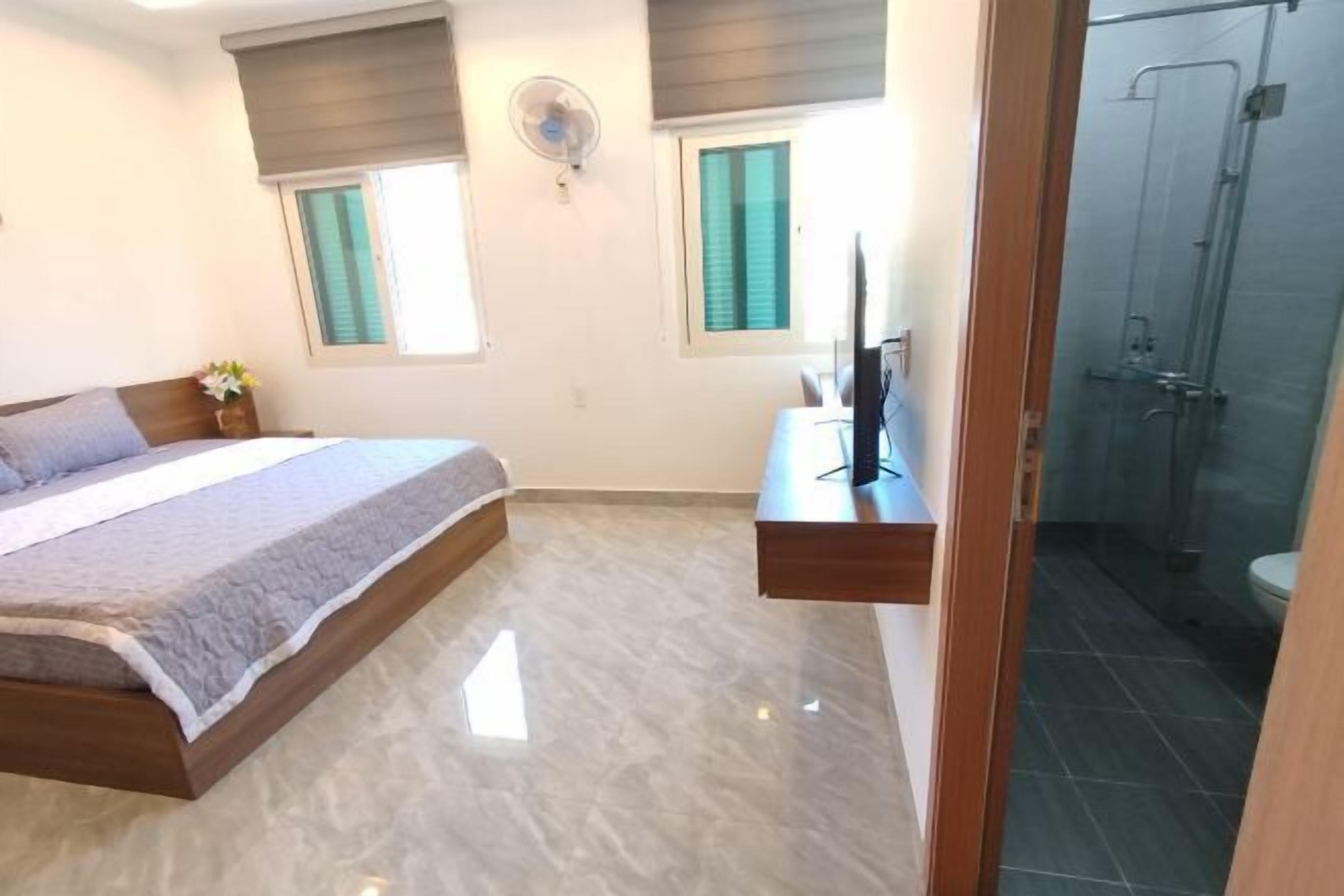 Premium bedding, memory foam beds, desk, laptop workspace