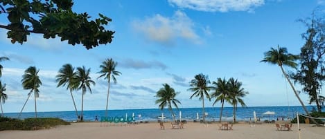 Plage, sable blanc, chaises longues, parasols