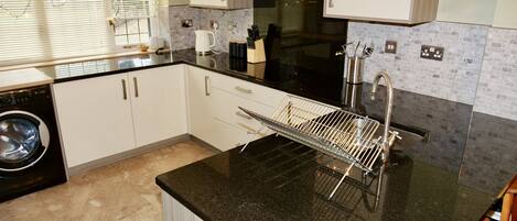 A modern kitchen with white cabinets, a granite countertop, a built-in dishwasher, and a stainless steel sink.