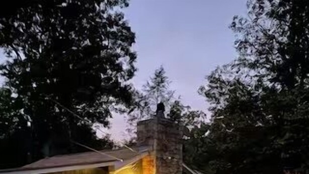 Une maison avec une cheminée en pierre, un porche en bois et une allée gravillonnée.