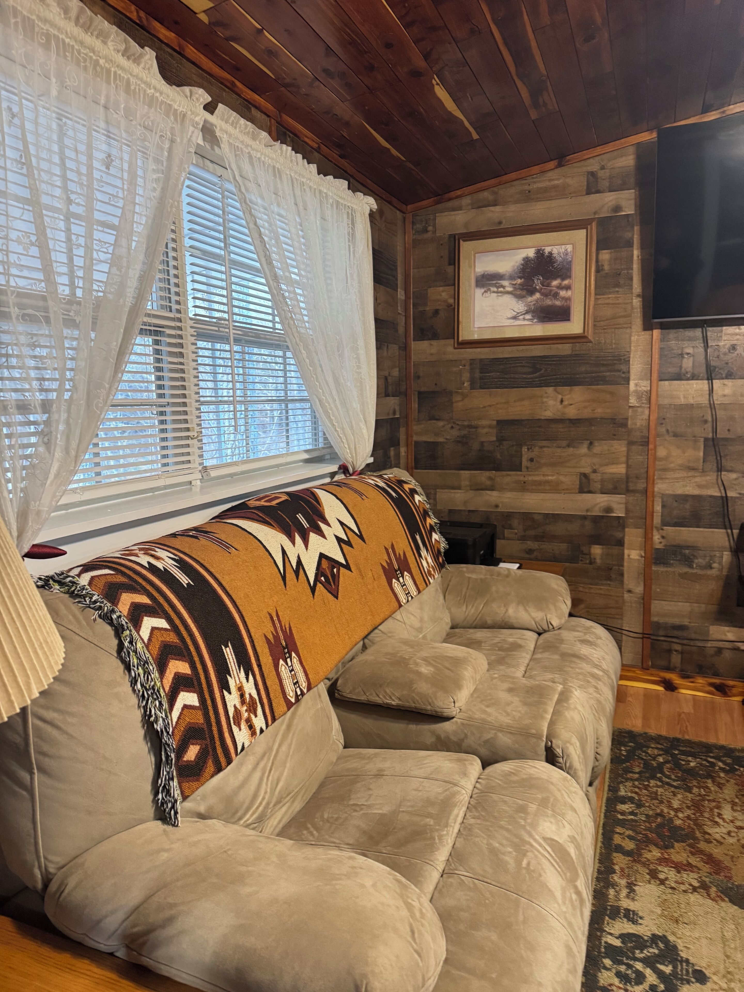 A cozy living room with a sofa, a patterned throw blanket, a wooden wall, and a framed picture.