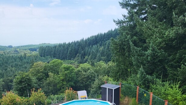 Een buitenzwembad met een houten terras, omgeven door weelderige begroeiing en een bebost achtergrond.