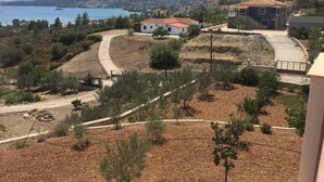 Un quartiere residenziale con case, una strada sinuosa e vista sul mare e sulle colline sullo sfondo.