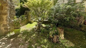 Un patio con muro de piedra, plantas en macetas y un edificio con contraventanas azules.