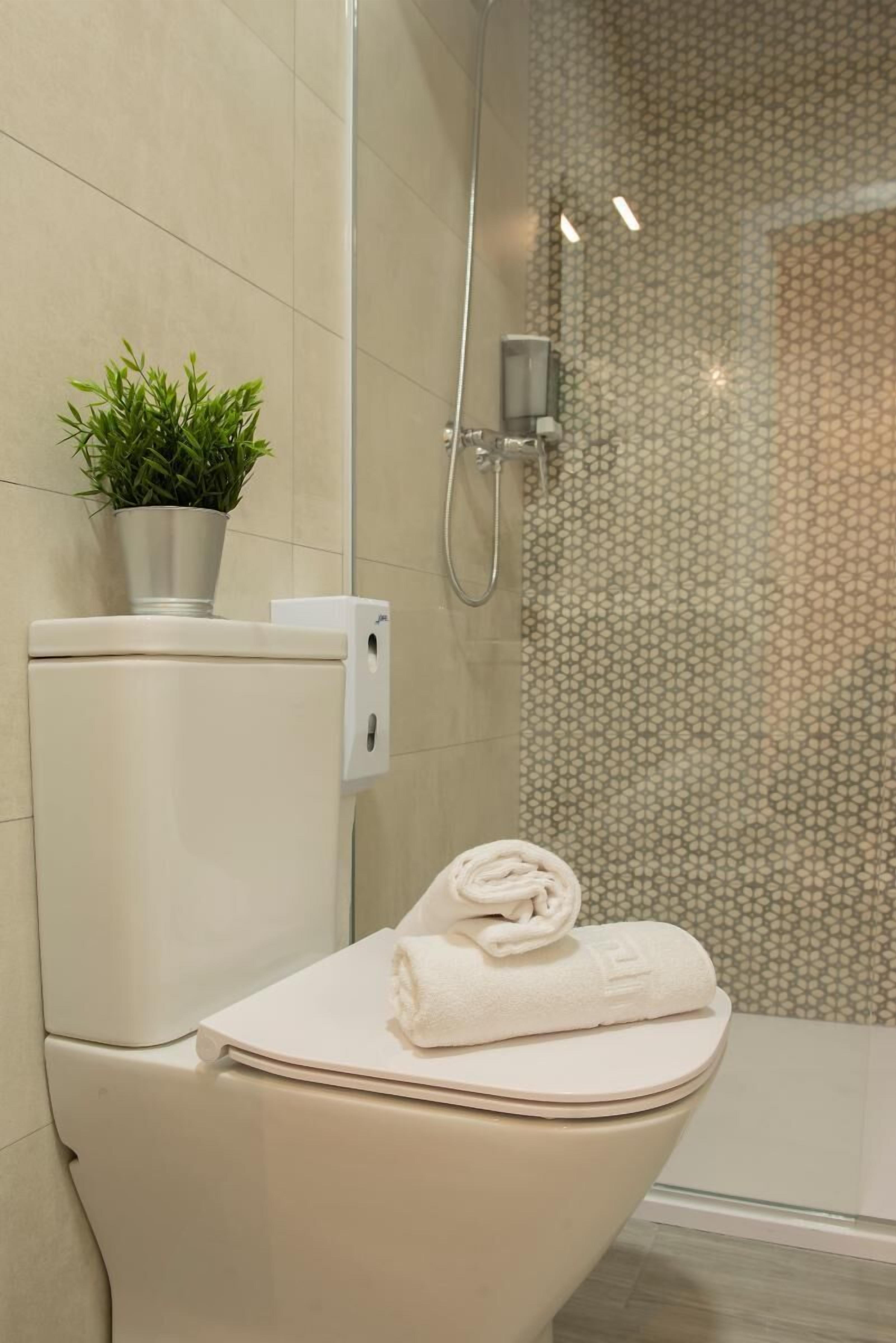 A modern bathroom with a toilet, a shower, and a potted plant on the toilet.