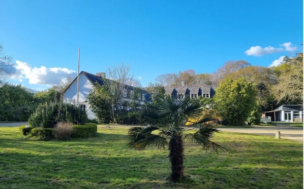 A residential area with a house, a palm tree, and a clear blue sky.