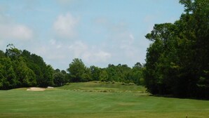 A golf course with a pond, surrounded by dense trees. - XXXXXXXXXX (North Myrtle Beach)