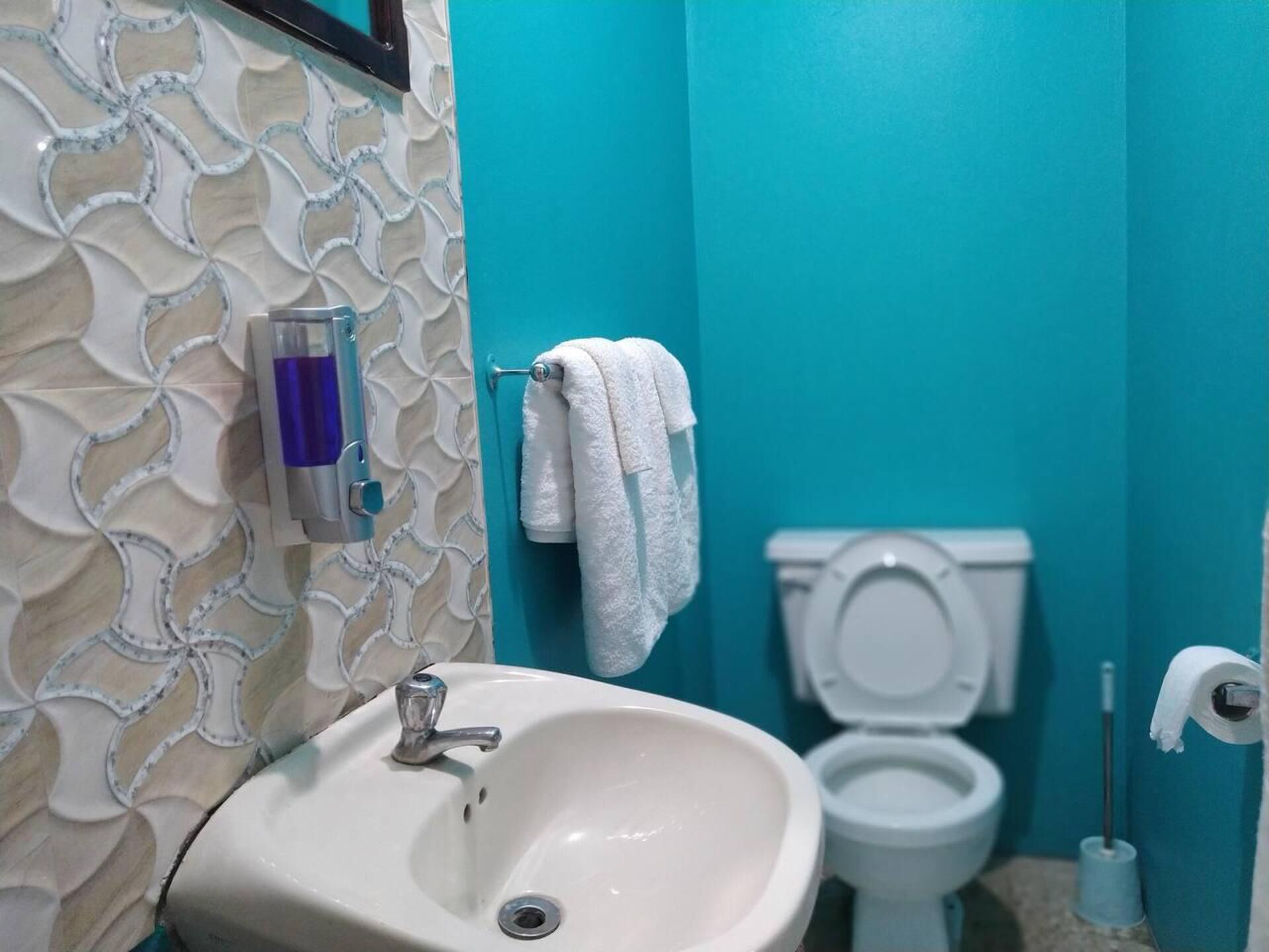 A bathroom with a white sink, a toilet, and a towel hanging on a rack.