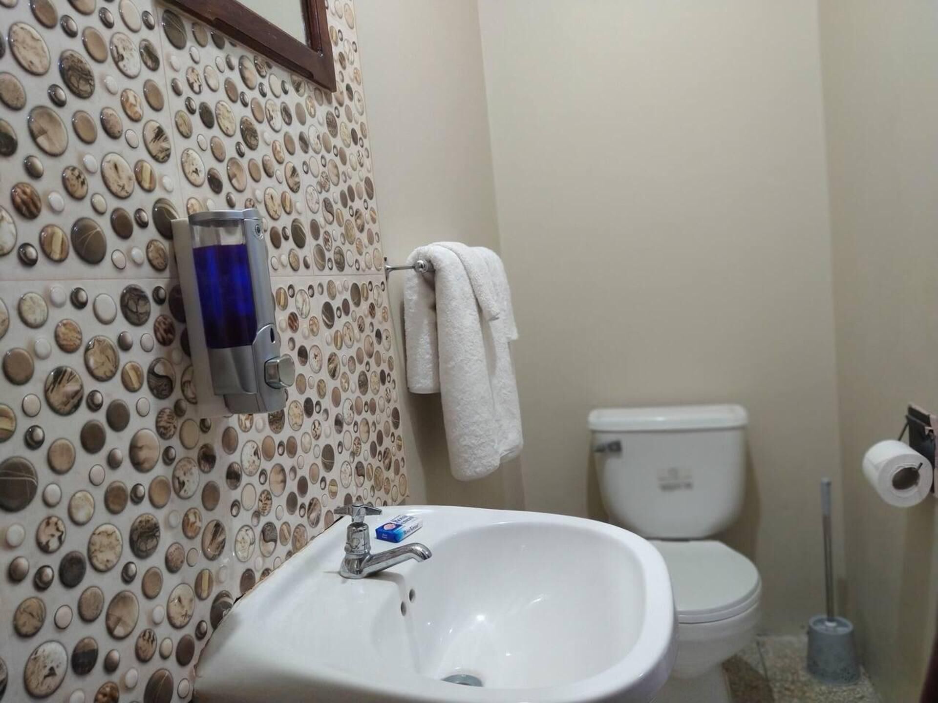Une salle de bain équipée d’un lavabo, de toilettes et d’un mur décoré de carreaux de céramique de forme circulaire, imitant des pierres.
