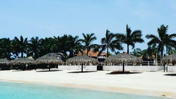 A beach with thatched umbrellas, palm trees, and a clear blue sea. - Tropical Haven in Discovery Bay - 6 Bedroom Villa (Discovery Bay)