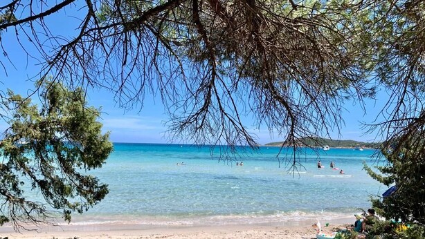 En strand med klart turkis vand, folk der svømmer og solbader, og en sti ned til stranden.