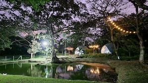 A serene lakeside setting with a gazebo and dome-shaped tents, surrounded by lush greenery and a calm water body. - Geodesic Dome 01, Jacuzzi with Hydromassage, 20 min from La Fortuna (Provincia de Alajuela)