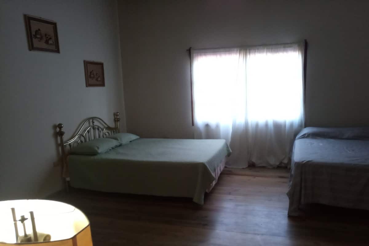A room with a single bed, a smaller bed, and a bedside table with a lamp.
