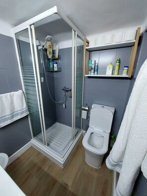 Dusche, Bidet, Handtücher, Seife