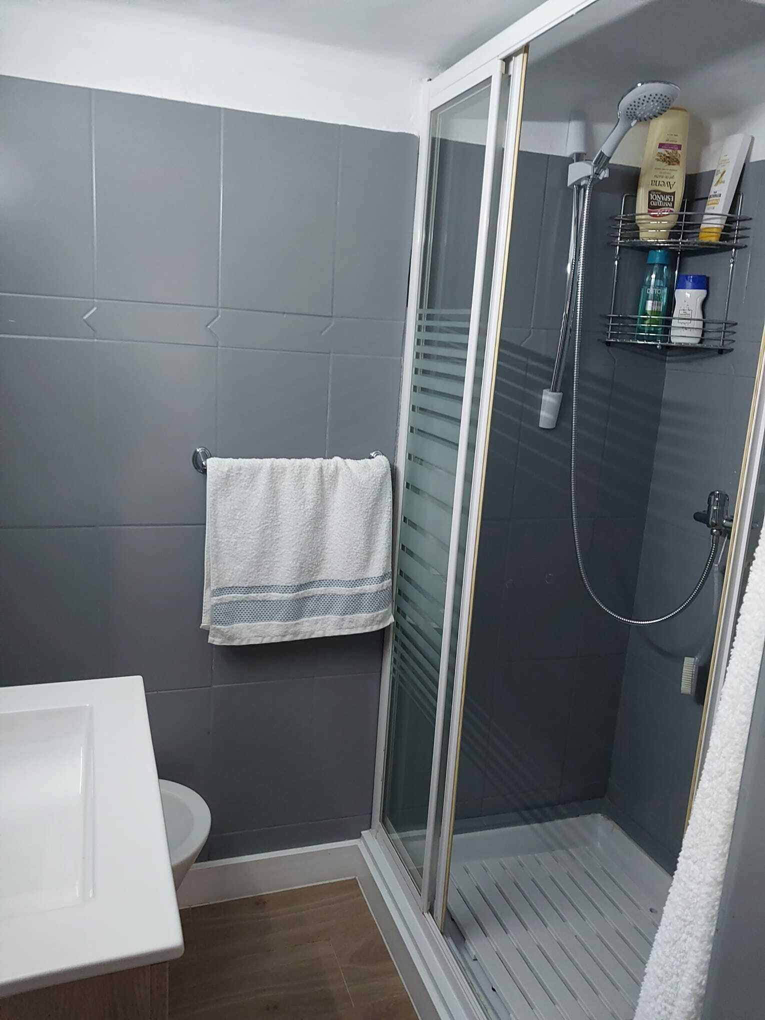 Ein Duschbereich mit Glastür, ein Handtuch an der Wand und ein Ablagefach mit Pflegeprodukten.