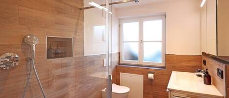 A modern bathroom with a glass shower enclosure, a toilet, and a sink with a mirror.
