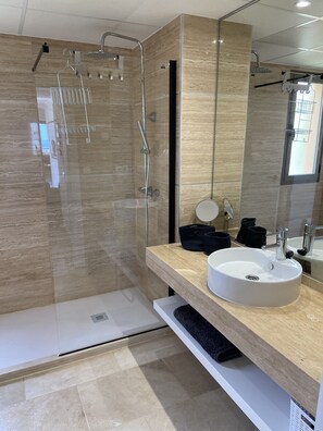 Shower, hair dryer, towels, soap
