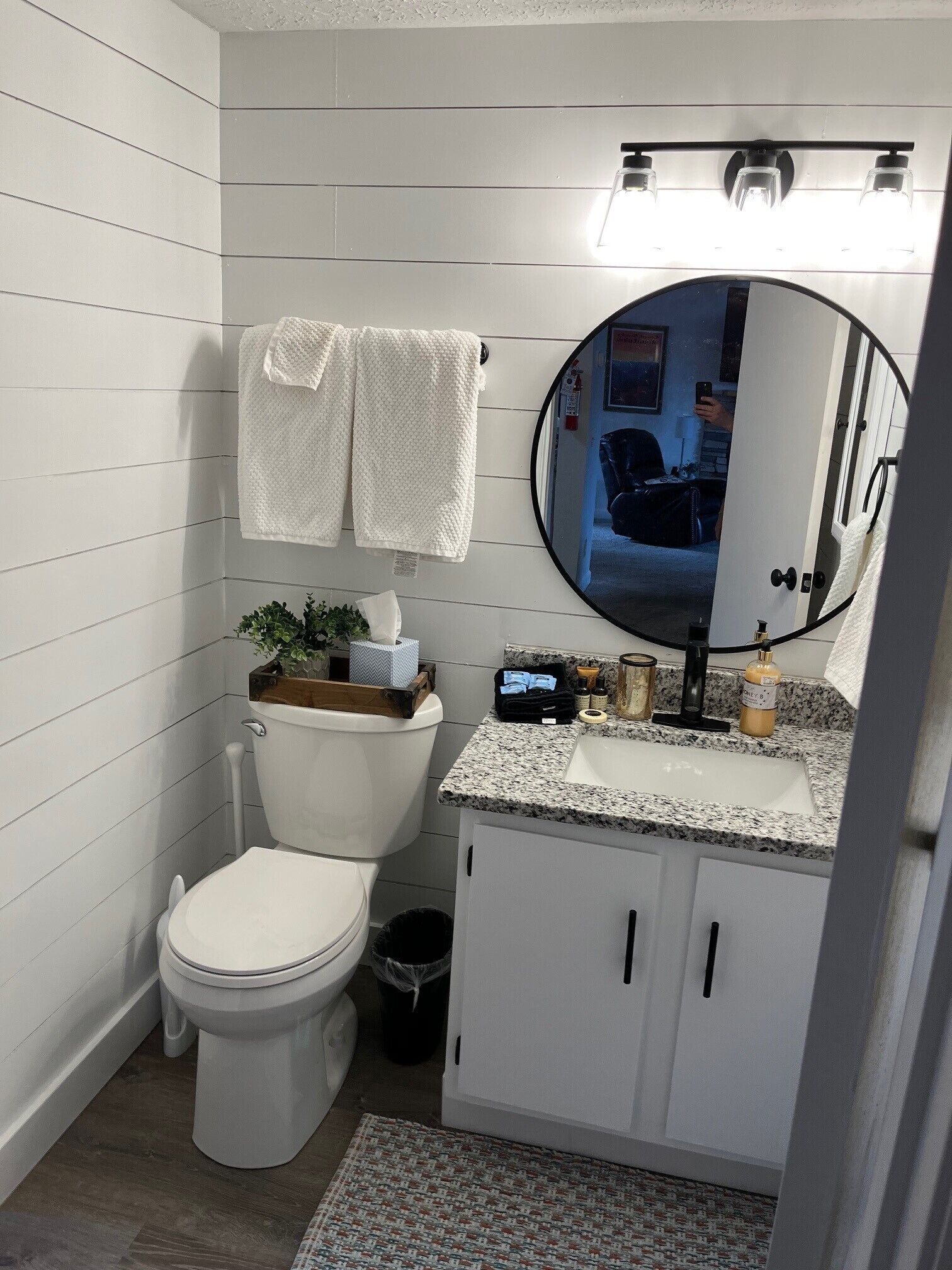 Hair dryer, towels, soap, shampoo