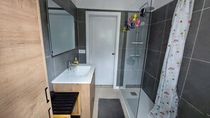 Shower, hair dryer, towels