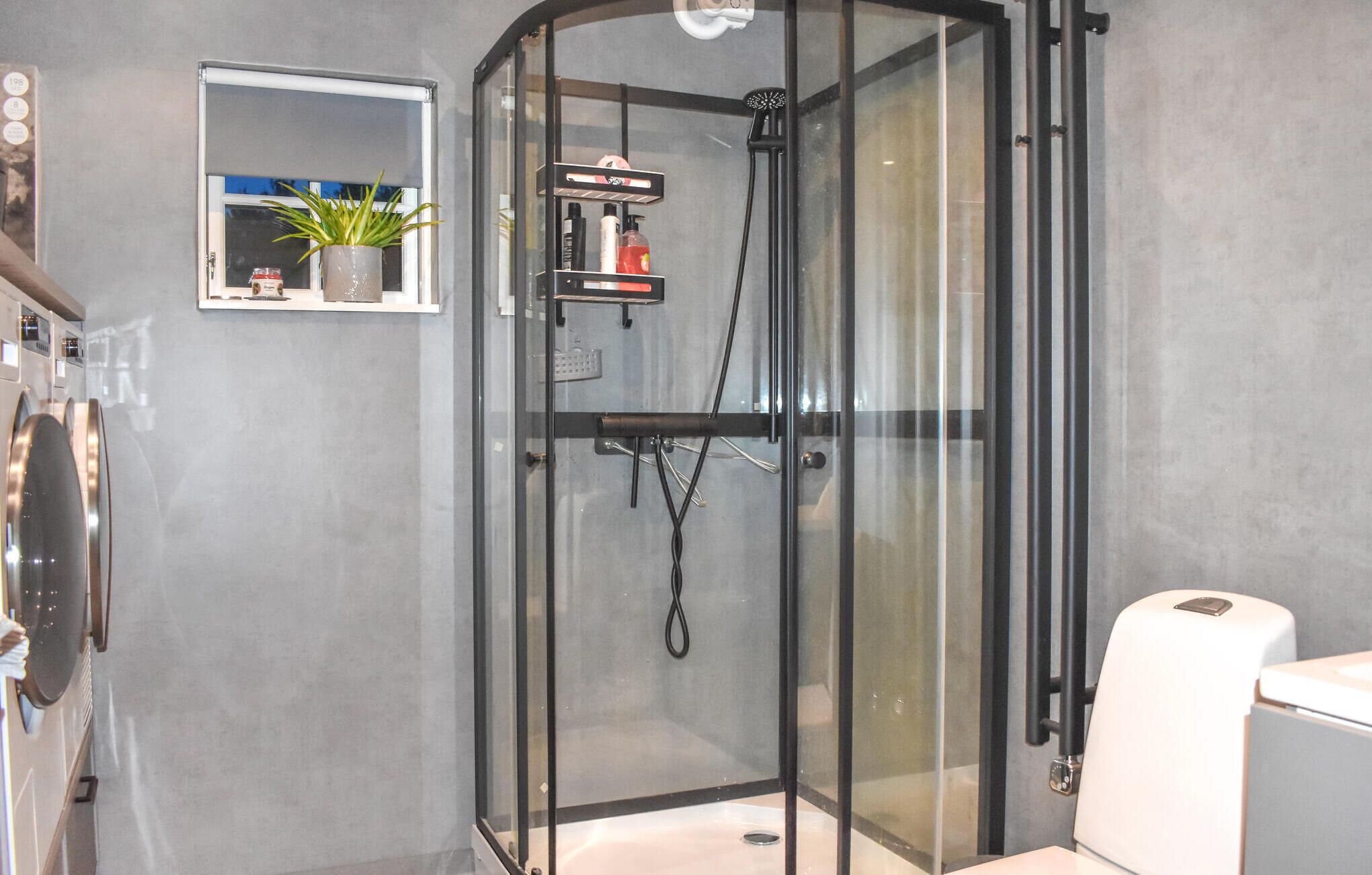 A modern bathroom with a glass-enclosed shower, a small shelf with toiletries, and a potted plant on the wall.