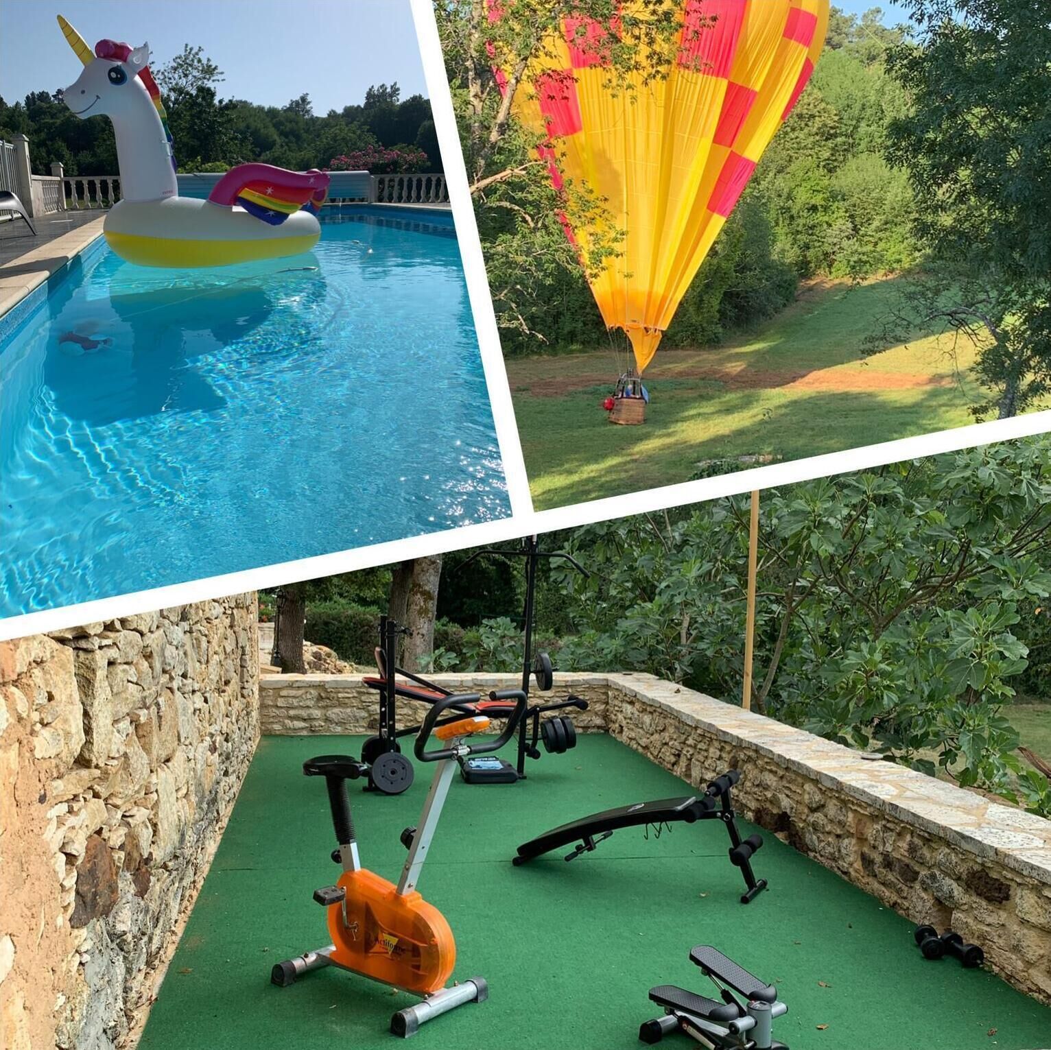 Una piscina con un flotador con forma de unicornio, un globo aerostático y equipo de ejercicios al aire libre.