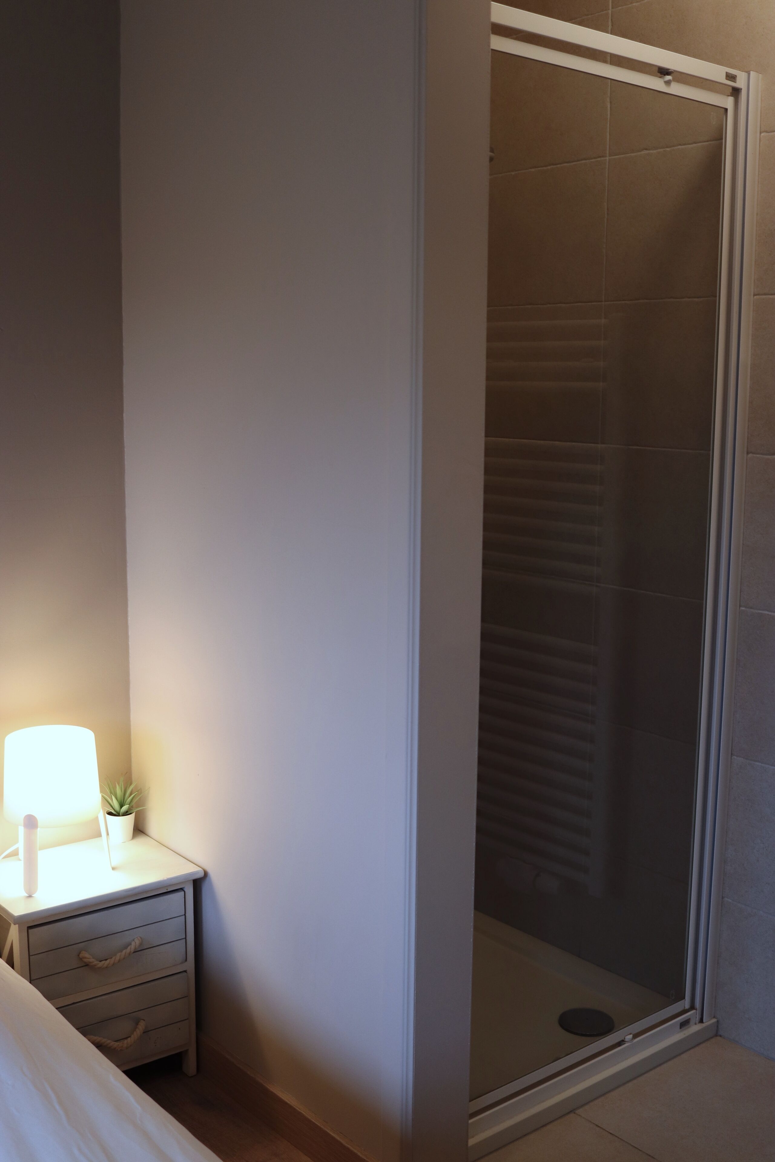 Un bagno con box doccia in vetro, un comodino con lampada e un piccolo vaso con pianta.